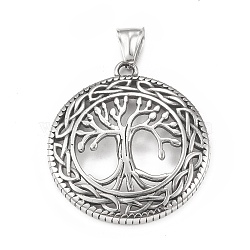304 Stainless Steel Pendants, Flat Round with Tree of Life Pattern, Antique Silver, 41x37x3mm, Hole: 4x8mm(STAS-G303-17AS)