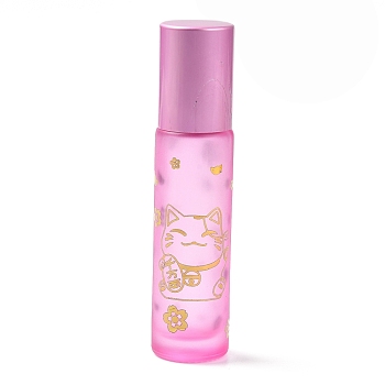 Glass Roller Bottles, with Lid and Glass Roller Balls, Refillable Bottles, Column with Fortune Cat Pattern & Chinese Character, Pearl Pink, 2x8.6cm, Hole: 9.5mm, Capacity: 10ml(0.34fl. oz)