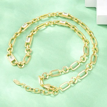 7MM Brass Pave Cubic Zirconia Figaro Chain Necklaces, Cadmium Free & Lead Free, Rack Plating, Long-Lasting Plated, Real 18K Gold Plated, Clear, 18.11 inch(46cm)