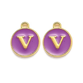 Golden Plated Alloy Enamel Charms, Enamelled Sequins, Flat Round with Alphabet, Letter.V, Purple, 14x12x2mm, Hole: 1.5mm
