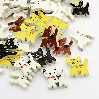 Cat Printed Wooden Buttons, 2-Hole, Dyed, Mixed Color, 24.5x22x5mm, Hole: 1mm