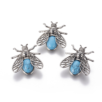 Synthetic Turquoise Brooches, with Alloy Findings, Cicada, Antique Silver, 38x36x8mm, Pin: 0.6mm