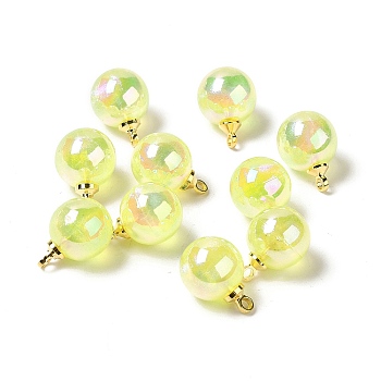 UV Plating Acrylic Pendants, with Light Gold Tone Brass Findings, Round Charm, Yellow, 13.5x9.5mm, Hole: 1.6mm