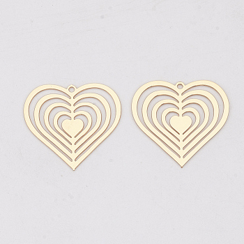 Brass Pendants, Etched Metal Embellishments, Long-Lasting Plated, Heart, Light Gold, 19.5x20x0.3mm, Hole: 1mm