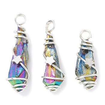 Electroplated Raw Rough Natural Quartz Crystal Copper Wire Wrapped Pendants, Rainbow Plated Teardrop Charms with Brass Star Beads, Platinum, 25~33x9x8~9mm, Hole: 3mm