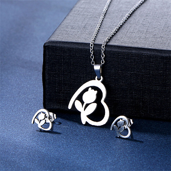 304 Stainless Steel Pendant Necklace & Stud Earring, Stainless Steel Color, Rose Heart, 450mm