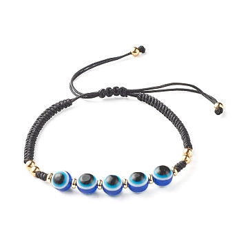 Braided Evil Eye Resin Beads  Bracelets, Adjustable Bracelets, for Kids Teens Adults, Black, Inner Diameter: 2-1/4~3-3/4 inch(5.7~9.6cm)