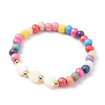 Stretch Kids Bracelets, with Natural Trochid Shell/Trochus Shell Heart Beads, Round Wood Beads and Real 18K Gold Plated Brass Beads, Colorful, Inner Diameter: 1-3/4 inch(4.3cm)
