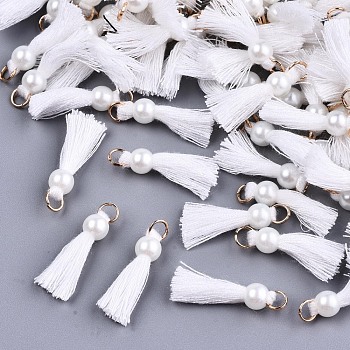 Polycotton(Polyester Cotton) Tassel Pendant Decorations, Mini Tassel, with Golden Tone Iron Findings and ABS Plastic Imitation Pearl, White, 23mm, Jump ring: 5x0.8mm, 3.4mm inner diameter