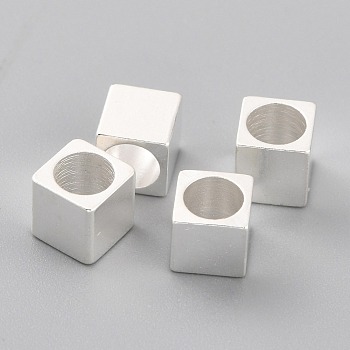 Brass Spacer Beads, Long-Lasting Plated, Cube with Round Hole, 925 Sterling Silver Plated, 5x5x5mm, Hole: 4mm