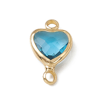Transparent K9 Glass Connector Charms, Heart Links, with Light Gold Tone Brass Findings, Aquamarine, 14x8.5x3.7mm, Hole: 1.8mm
