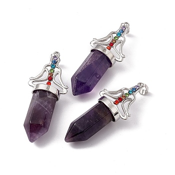 Natural Amethyst Big Pendants, 7 Chakra Faceted Bullet Charms, with Platinum Plated Brass Findings and Colorful Rhinestone, Cadmium Free & Lead Free, 55x22.5x16mm, Hole: 8x5mm