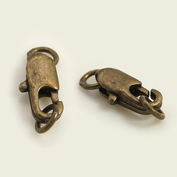 Brass Lobster Claw Clasps, with Soldered Jump Rings, Antique Bronze, Clasps: 10.5x5mm, Soldered Jump Rings: 4x0.7~0.8mm, Inner Diameter: 1.5mm