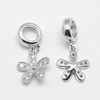 Flower Brass Micro Pave Grade AAA Cubic Zirconia European Dangle Charms, Cadmium Free & Nickel Free & Lead Free, Real Platinum Plated, 20mm, Hole: 4.5mm