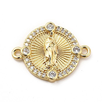 Rack Plating Brass Pave Clear Cubic Zirconia Connector Charms, Lead Free & Cadmium Free, Long-Lasting Plated, Religion Flat Round Links with Virgin Mary, Real 18K Gold Plated, 16x21x3mm, Hole: 1.2~1.4mm