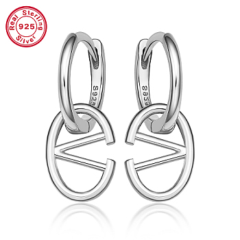 Rhodium Plated Platinum 925 Sterling Silver Hoop Earrings, Initial Letter Drop Earrings, with S925 Stamp, Letter V, 20x8.5mm
