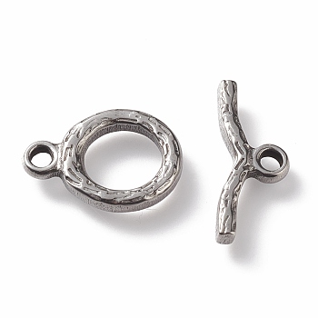 304 Stainless Steel Toggle Clasps, Textured, Ring, Stainless Steel Color, Ring: 16x12x2mm, Hole: 2mm, Bar: 18x6x2mm, Hole: 2mm