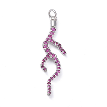 Brass Micro Pave Cubic Zirconia Pendants, Long-Lasting Plated, Branch, Hot Pink, Real Platinum Plated, 34.1x10x2.9mm, Hole: 3.1mm
