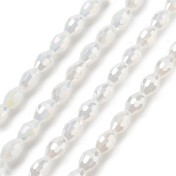 Electroplate Glass Beads Strands, Imitation Jade Beads, Faceted, AB Color Plated, Oval, White, 8.5x5.5mm, Hole: 1.2mm, about 70pcs/strand, 20.87~23.23''(53~59cm)