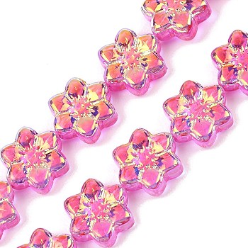 Electroplate Glass Beads Strands, Flower, AB Color Plated, Half Plated, Hot Pink, 12x13x5mm, Hole: 1mm, about 50pcs/strand, 25.59''(65cm)