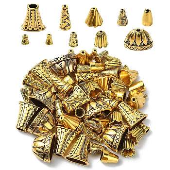 72Pcs 12 Style Tibetan Style Alloy Bead Cap & Cone, Antique Golden, 8~13x7~20x7~12mm, Hole: 1~2.5mm, 6pcs/style