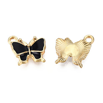 Light Gold Plated Alloy Charms, with Enamel, Butterfly, Black, 13x13.5x2.5mm, Hole: 1.8mm