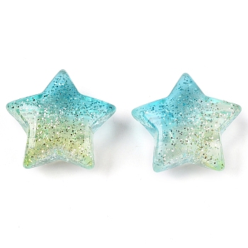 Gradient Color Transparrent Acrylic Eoropean Beads, with Glitter Powder, Large Hole Beads, Star, Turquoise, 28.5x27x11.8mm, Hole: 4mm
