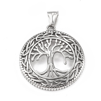 304 Stainless Steel Pendants, Flat Round with Tree of Life Pattern, Antique Silver, 41x37x3mm, Hole: 4x8mm