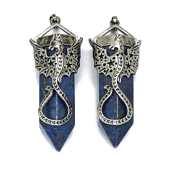 Natural Lapis Lazuli Faceted Pointed Bullet Big Pendants, Rack Plating Antique Silver Plated Alloy Dragon Charms, Cadmium Free & Lead Free, 55~58.5x22.5~23x18.5mm, Hole: 4.8x7.8mm