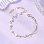 Brass Paperclip Chain Bracelets, Round Natural Pearl Beads Link Chain Bracelets for Women, Real 18K Gold Plated, 7.20 inch(18.3cm)(BJEW-JB13241)
