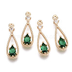Brass Micro Pave Cubic Zirconia Pendants, with Glass, Teardrop, Long-Lasting Plated, Light Gold, Sea Green, 17.5x6x2.5mm, Hole: 1mm(X-KK-R111-003-A01)