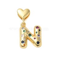 Rack Plating Brass Micro Pave Clear Cubic Zirconia Perdants, Cadmium Free & Lead Free, Long-Lasting Plated, Real 18K Gold Plated, Letter N, 34mm, Pendant: 24x22x4mm, Hole: 6x3mm(KK-C067-12G-N)