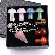 Natural Gemstone Dowsing Pendulum Hexagonal Cone Big Pendants & Mushromm Massage Stone Sets, for Chakras Balancing, Crystal Therapy, Meditation, Reiki Display Decoration, Divination, 200mm & 20mm, 8pcs/set(WG51030-01)