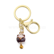 Fortune Cat Porcelain Pendant Keychain, with Iron Keychain Ring and Alloy Lobster Claw Clasps, Coconut Brown, 8.5cm(KEYC-G064-03H)