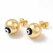 Enamel Evil Eye Stud Earrings, Real 18K Gold Plated Brass Ball Post Earrings for Women, Black, 12mm, Pin: 0.7mm(EJEW-E274-01G-03)