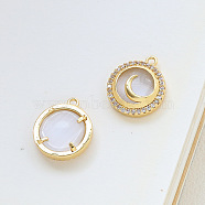Brass Micro Pave Cubic Zirconia Pendants, with Cat Eyes, Half Round, Moon, 15x13mm(INS-PW0002-01C)