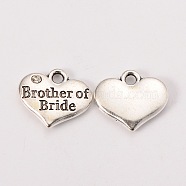 Wedding Party Supply Antique Silver Alloy Rhinestone Heart Carved Word Brother of Bride Wedding Family Charms, Cadmium Free & Lead Free, Crystal, 14x16x3mm, Hole: 2mm(TIBEP-N005-27D)