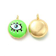 Brass Enamel Charms, Real 18K Gold Plated, Long-Lasting Plated, Flat Round with Evil Eye, Lime, 19x15.5x8mm, Hole: 2mm(KK-P222-07G-03)