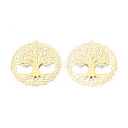 201 Stainless Steel Pendants, Etched Metal Embellishments, Flat Round with Tree of Life, Real 18K Gold Plated, 41x40.5x0.3mm, Hole: 1.4mm(STAS-N102-07LG)