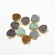 Electroplate Natural Druzy Crystal Charms, with Golden Tone Brass Findings, Heart, Dyed, Mixed Color, 18x15x5~7mm, Hole: 2mm(G-A124-07)