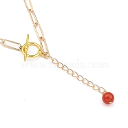 Lariat Necklaces, with Round Natural Red Agate/Carnelian Beads, Brass Toggle Clasps, Iron Paperclip Chains and Cardboard Box, Golden, 16.33~16.53 inch(41.5~42cm)(NJEW-JN03028-01)