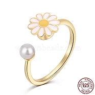 925 Sterling Silver Open Finger Rings, with Enamel & 925 Stamp for Women, Daisy Flower Anxiety Worry Fidget Spinner Ring, Real 18K Gold Plated, 1.6mm, US Size 7(17.3mm)(RJEW-A019-50G)