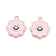 Alloy Enamel Pendants, Lead Free & Cadmium Free, Flower with Smiling Face Charm, Golden, Pearl Pink, 18.5x16x1mm, Hole: 1.5mm(ENAM-T020-55D)