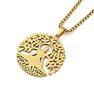 201 Stainless Steel Pendant Necklaces for Man, Tree with Flat Round with Tree of Life, Real 18K Gold Plated, 23.50 inch(59.7cm), Tree: 37x34x1.3mm(NJEW-Q336-04D-G)
