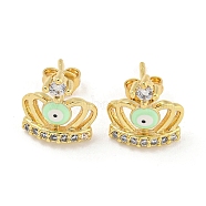 Crown with Evil Eye Real 18K Gold Plated Brass Stud Earrings, with Enamel and Clear Cubic Zirconia, Light Green, 12x11mm(EJEW-L269-108G-01)