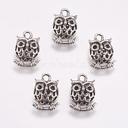 Alloy Pendants, Owl, Hollow, Lead Free & Nickel Free, Antique Silver, 17x12x7mm, Hole: 2mm(X-PALLOY-AD45691-AS-FF)