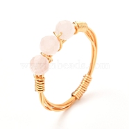 Copper Wire Wrapped Natural Rose Quartz Braided Bead Rings for Women, Real 18K Gold Plated, 2.5mm, Inner Diameter: 16mm(RJEW-JR00393-01)