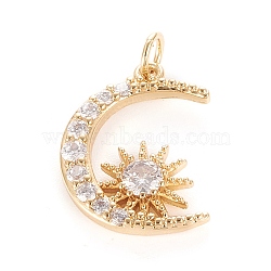 Brass Micro Pave Clear Cubic Zirconia Pendants, with Jump Ring, Flat Round, Moon with Sun, Clear, Real 18K Gold Plated, 20.5x15x3mm, Hole: 3mm, Jump Ring: 5x0.8mm(X-KK-O126-23G)