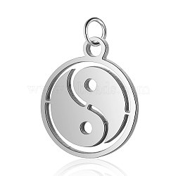 Non-Tarnish 304 Stainless Steel Charms, Flat Round with Tai Ji, Stainless Steel Color, 14x12x1mm, Hole: 2.5mm(X-STAS-S105-T521S)