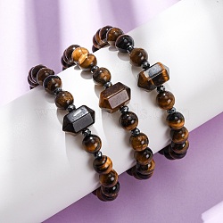 Natural Tiger Eye Beaded Stretch Bracelet for Women, Hexagon, with Non-magnetic Synthetic Hematite Beads, Beads: 8.5mm and 16.5x11x10mm, Inner Diameter: 2 inch(5cm)(BJEW-A145-01E)